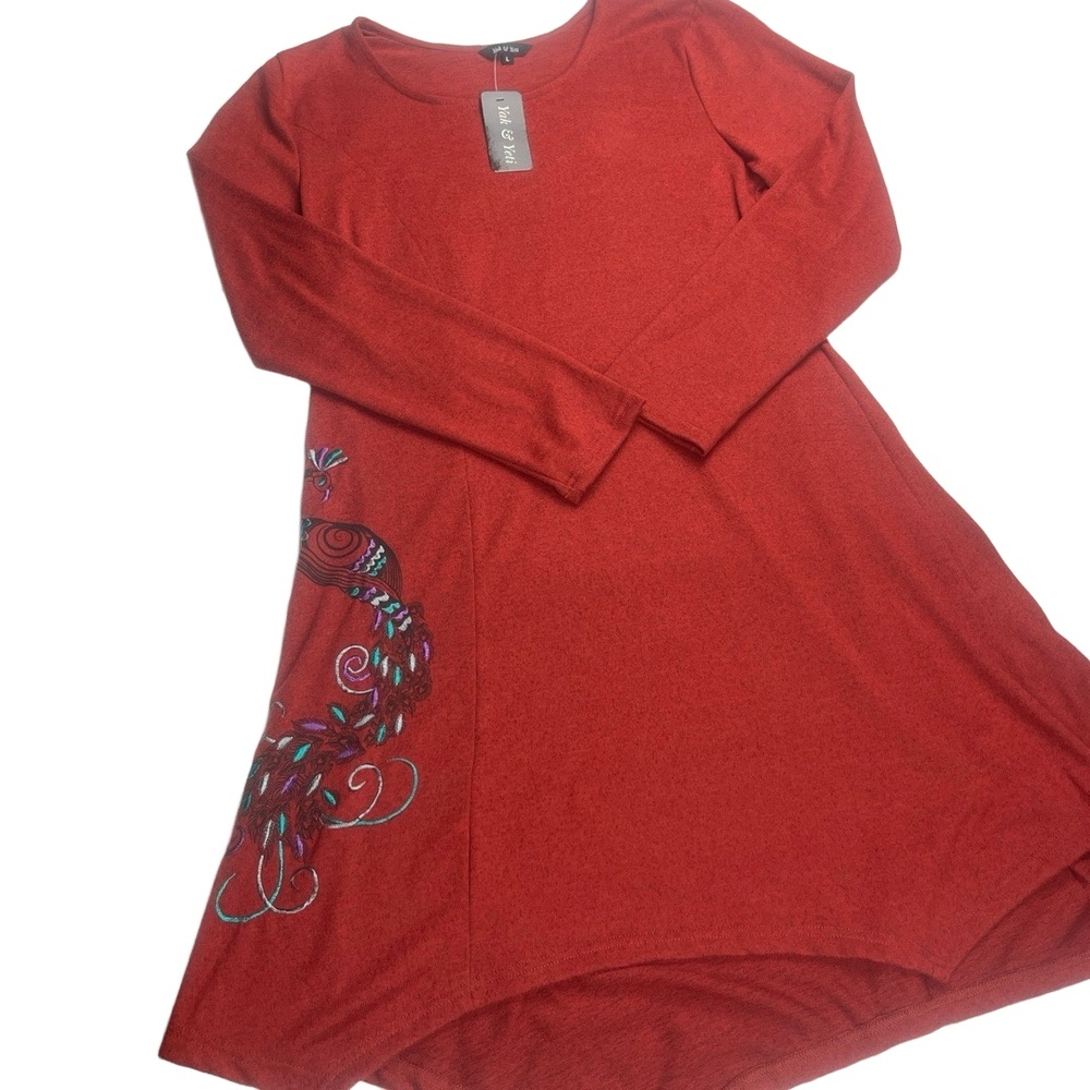 Yak Yeti Dress L Burnt Orange 7535 Embroidered Asymmetrical Hem Boho Lux Peacock